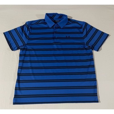 Under Armour Mens XL Blue Navy Striped Golf Polo HeatGear Loose Fit Tech Tee