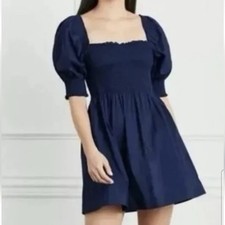 Hill House Nap Dress XS Navy Blue Athena Mini Smocked Puff Sleeve Baybdoll Linen