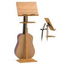 Sheet Music Stands-Bamboo Music Stand for Sheet Tray  Guitar Clip natural