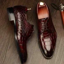Handmade Men Maroon Crocodile Leather Business Shoe, Derby Dress Lace Up Shoes