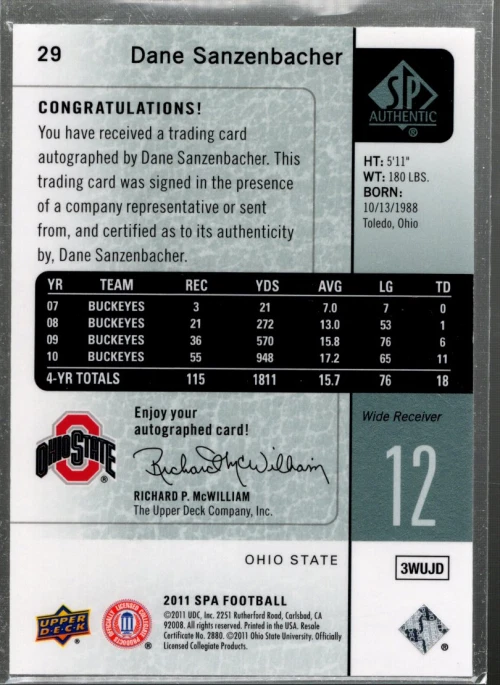B3818- 2011 SP Authentic Autographs #29 Dane Sanzenbacher D Auto *SAMPLE PIC - Image 2 of 2