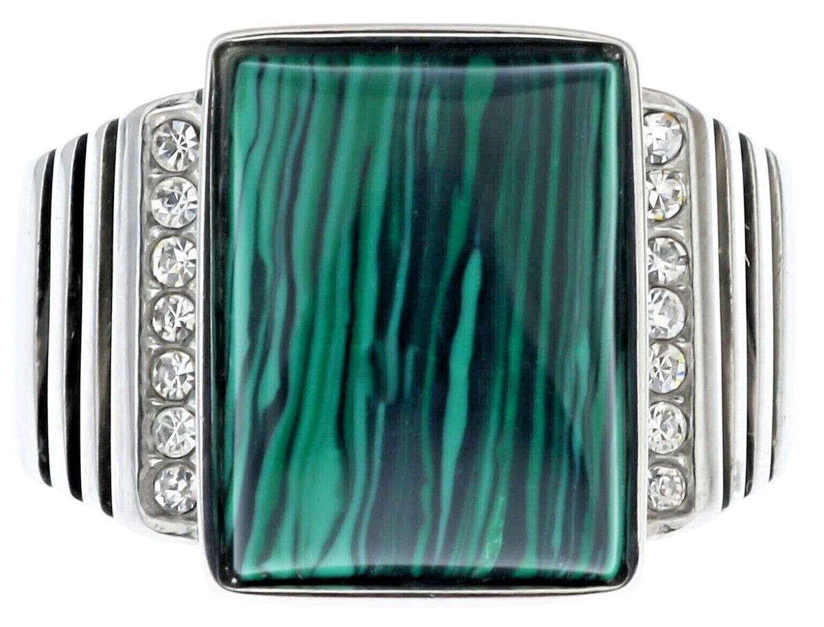 Malachite with CZ Accent Stainless Steel Mens Ring size T53