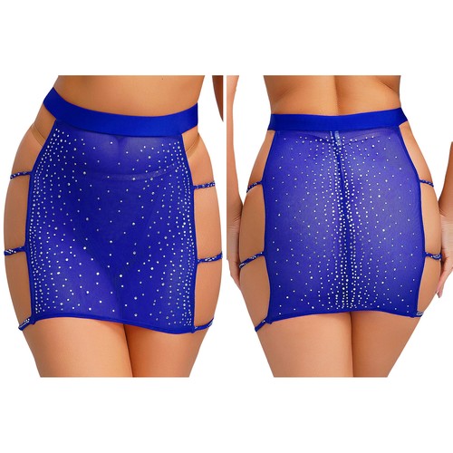 Damen glänzender Strass durchsichtig Netz Minirock seitlich ausgehöhlt Bodycon Rock - Bild 64 von 74