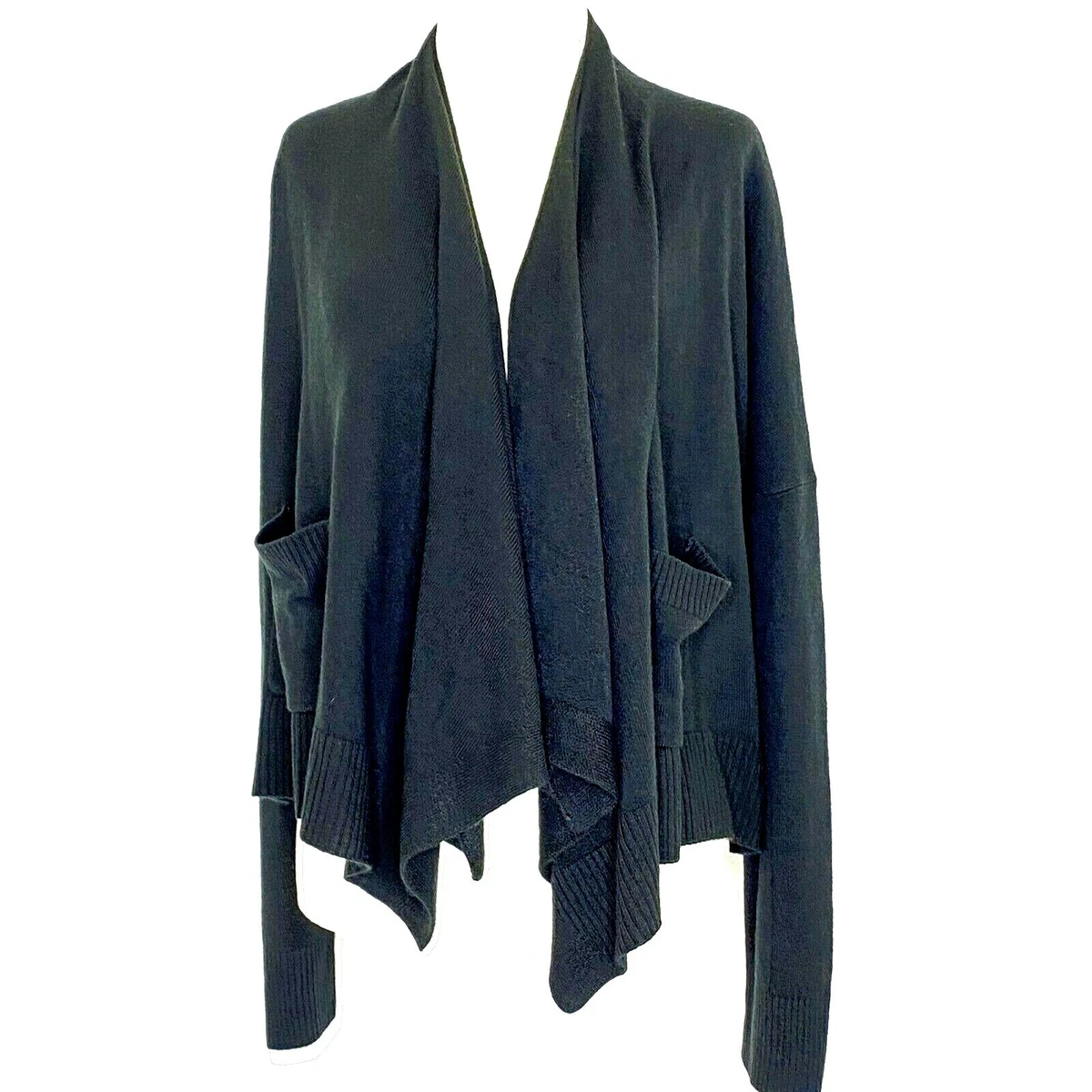 Hampshire Studio Women s L Open Front Bolo Cardigan Fine Knit Sweater Black NEW