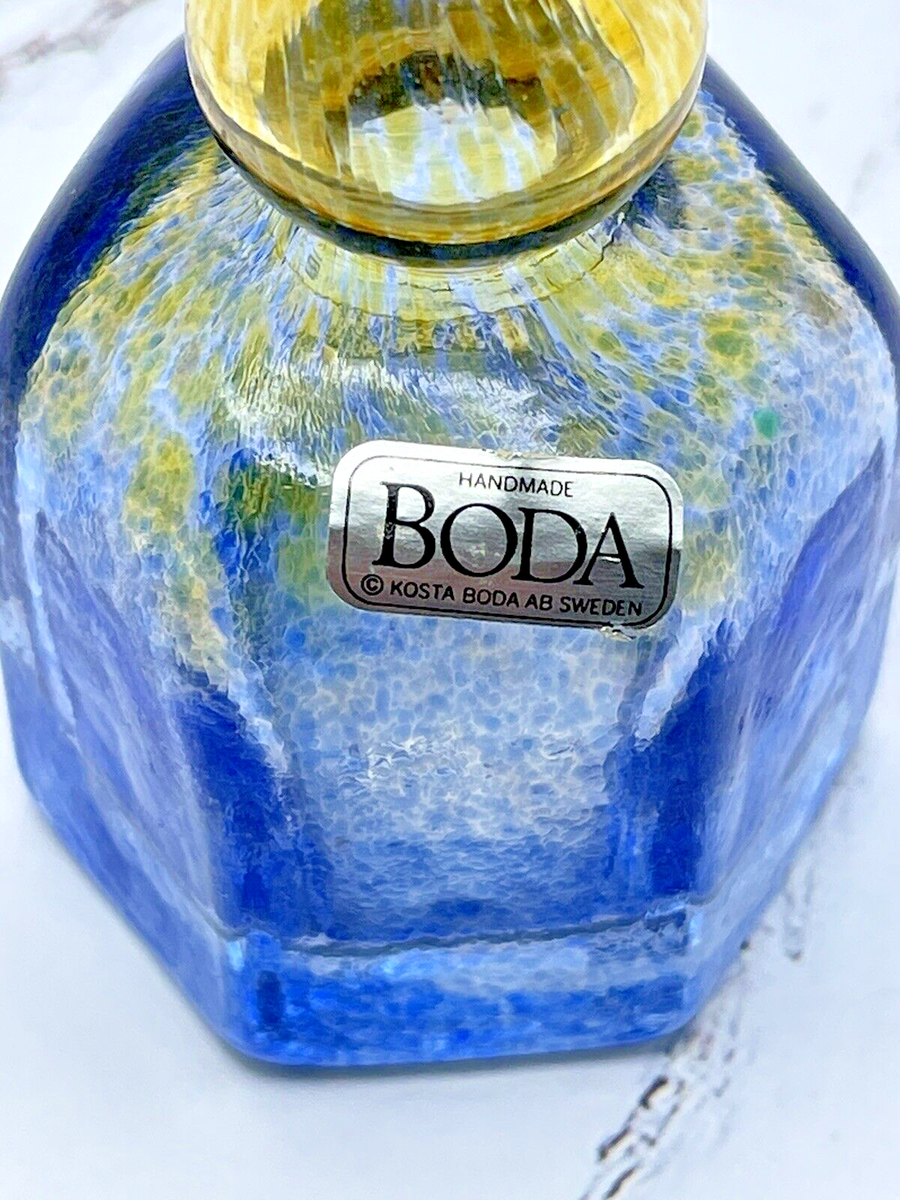 Kosta Boda Small Antikva Blue and Yellow Bottle Signed