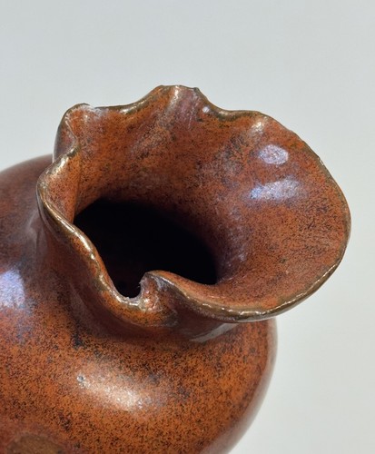 Handmade Pottery Bud Vase Rustic Reddish-Brown Glaze Pinched Top 3” - Picture 8 of 11