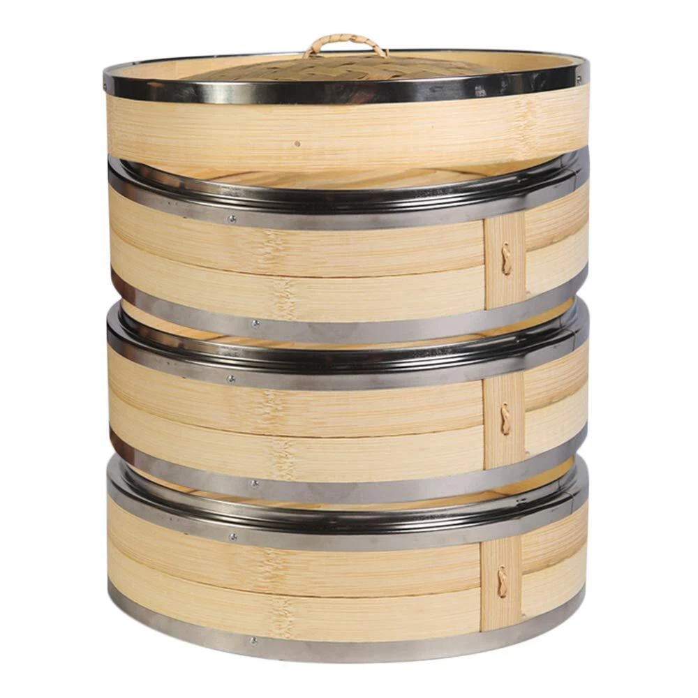 3 Tier Kitchen Bamboo Steamer with Double Stainless Steel Banding for Asian C...
