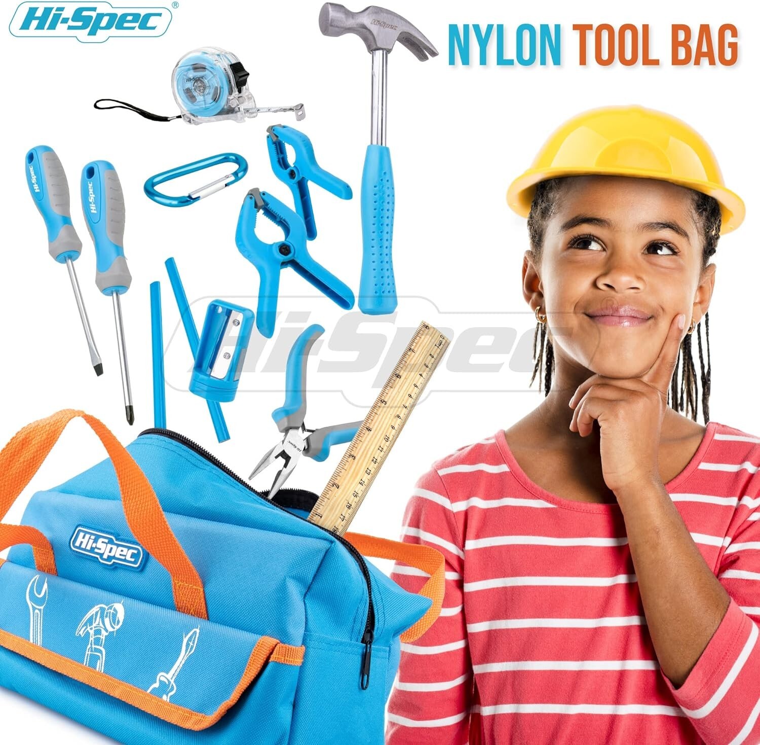 Blue Childrens Kids DIY Hand Tools Kit Set in Tool Bag, Metal Tools Hi-Spec 18pc