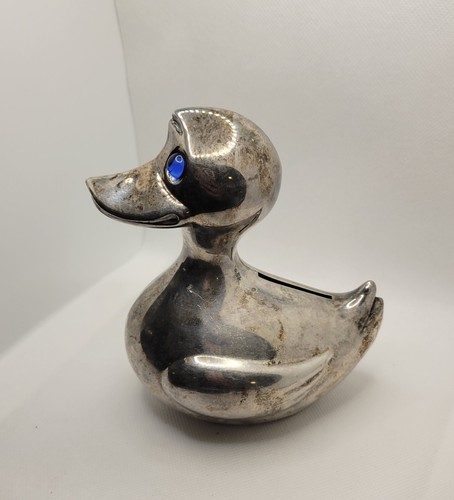 VINTAGE 5 1/4" HIGH LEONARD SILVER PLATED METAL DUCK COIN BANK - Picture 4 of 7