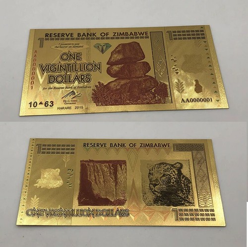 Billete de Zimbabwe 1 Vigintillion Dólar 24K Lámina de Oro Balance Rocks - Imagen 2 de 5