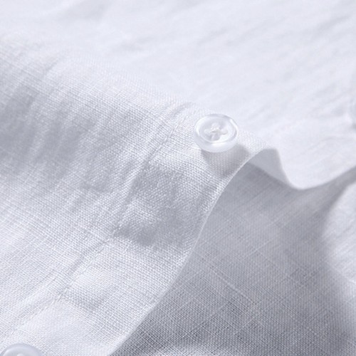 Camicia uomo maniche corte lino casual cotone abbassato tinta unita bottoni - Foto 12 di 30