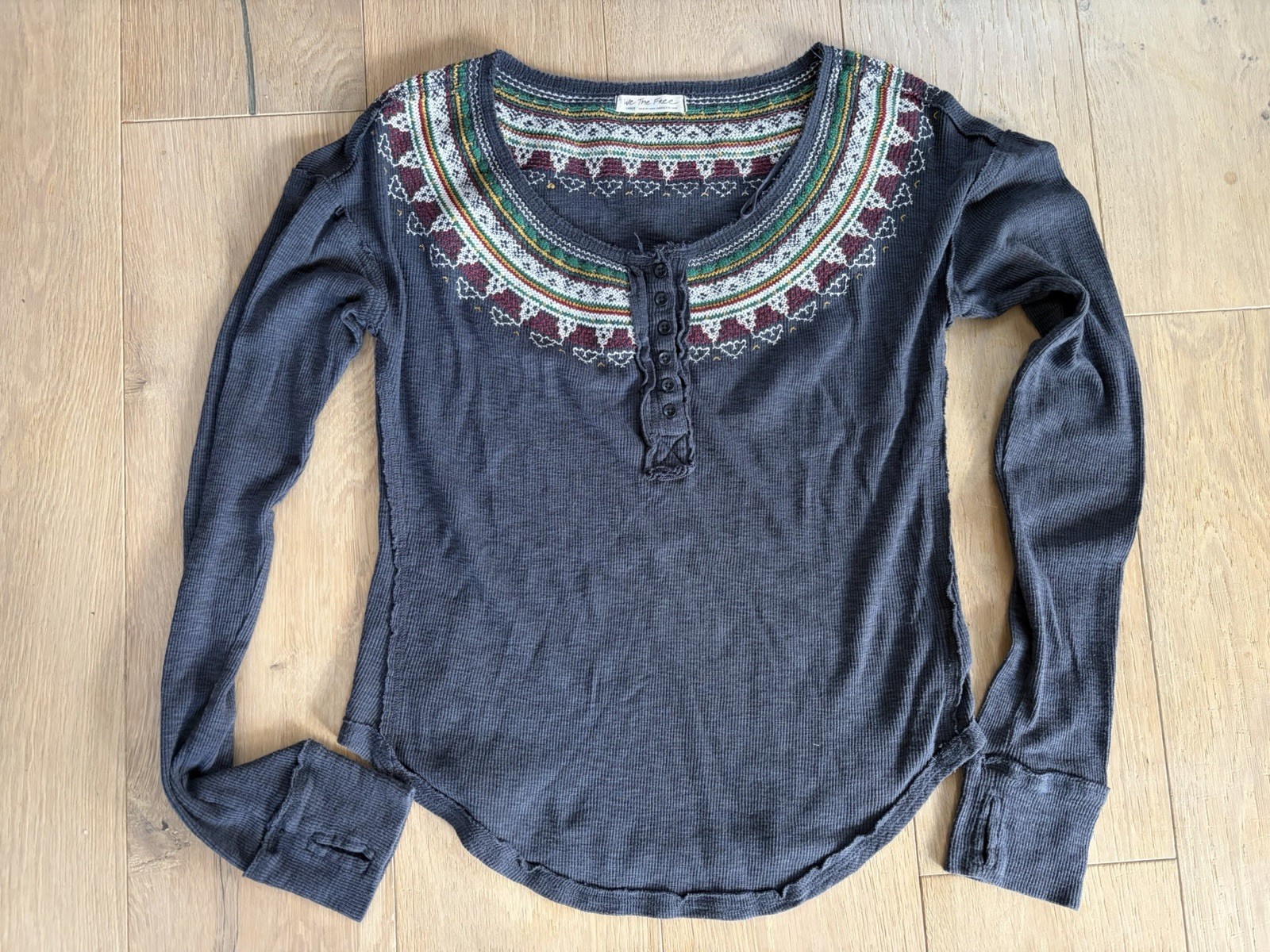 Free People Fair Isle Thermal Top Embroidered Henley Blue LARGE Y2K Boho