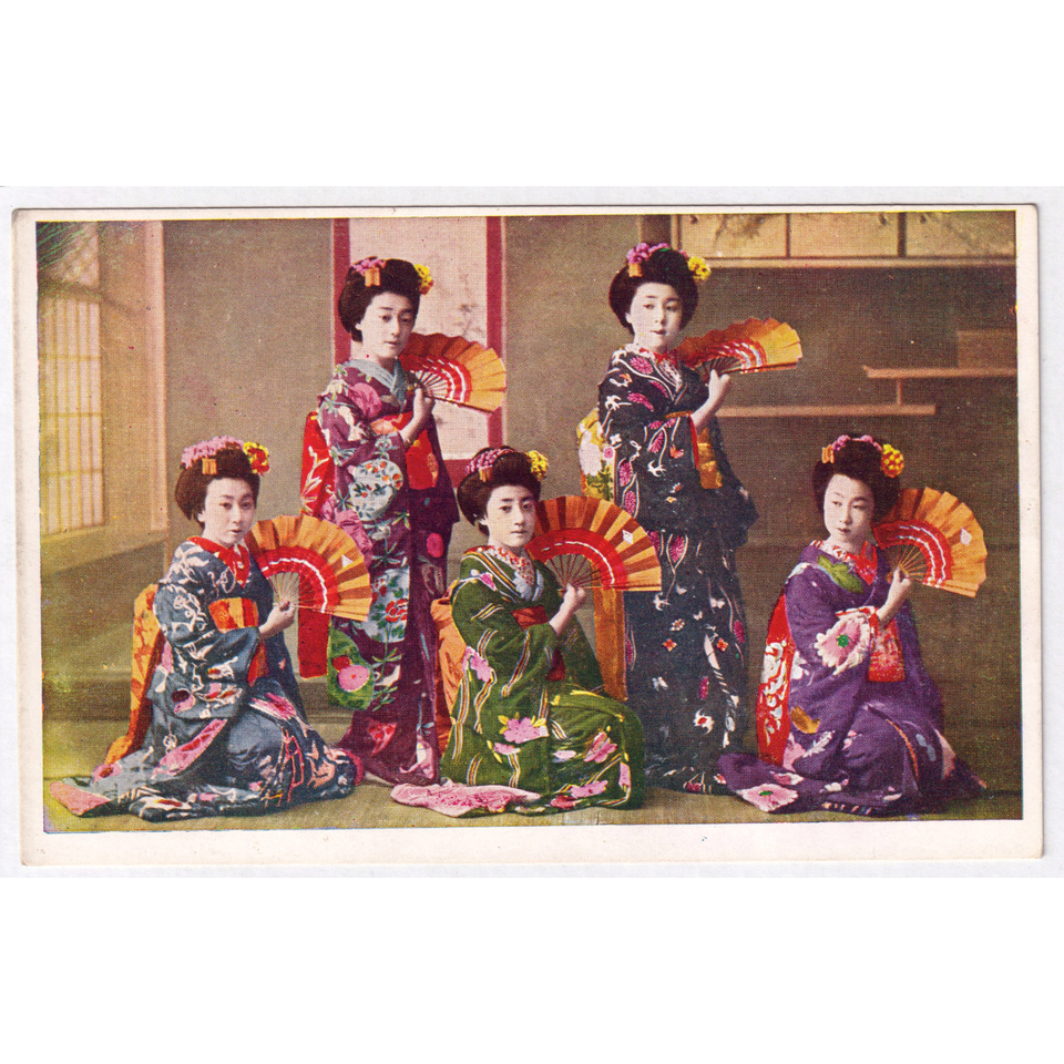 Japanese Robe Styles Pre-war Japan Postcard 5 Beautiful Women Kimono Fans Geisha style ...