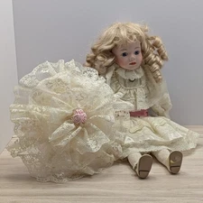 Vintage Seymour Mann 18" Porcelain doll With Victorian Lace Dress And Parasol