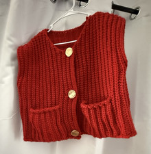 Red Wool Knit Sweater Vest Button Front Pocke...