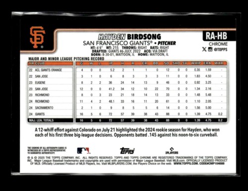 Hayden Birdsong RC 2025 Topps Chrome Baseball Rookie Auto Orange Refractor 24/25 - Picture 2 of 2