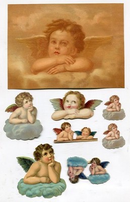 Glanzbild Oblaten scraps Raphael Engel Puten 7 cm Litho  15,5 cm