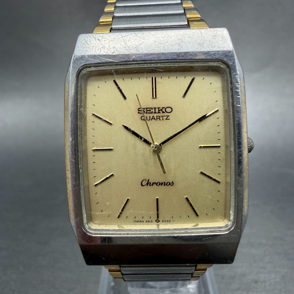 Seiko Chronos Tank Watch Men 27mm Champagne Dial Two Tone 9531