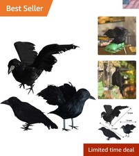 Halloween Black Feathered Crows, 3 Pack Black Crows with Real Feather Hallowe...