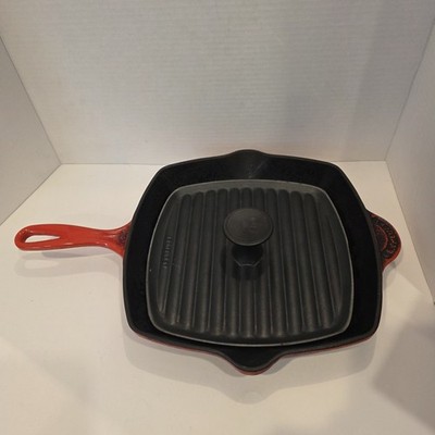 Le Creuset Enameled Cast Iron Square Skillet Grill Pan 10.25'' & Panini Press Red