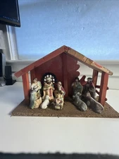 Vintage Nativity Set Wooden Creche Manger 10 pieces Attached 7” x 11” x 4”
