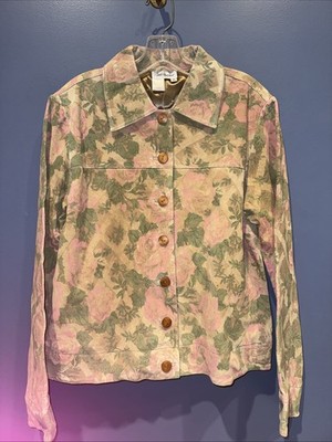 Womens Medium Leather Jacket, Tan Floral Sure Vintage Coldwater Creek NWT