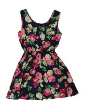 Vintage Womens Sundress UK 12 Medium Navy Blue Floral Polyester WB05