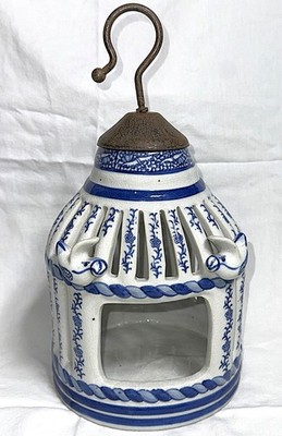 VTG Chinoiserie Blue White Chinese Porcelain Hanging Birdcage Bird House Cage L
