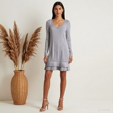 Coast Vintage Preppy Knee Length Jumper Dress Grey Fine Knit Pleated Hem US 6