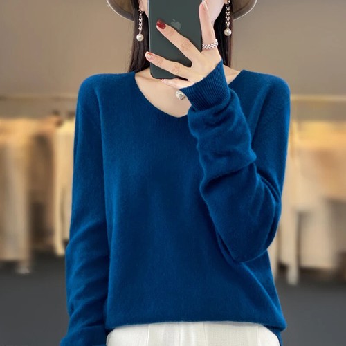 2024 Herbst Winter 100% Reine Wolle Kaschmir Damen V-Ausschnitt Pullover Pulli - Bild 14 von 42