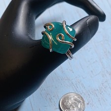 Silvertone Wire Wrapped Aqua Glass Ring Size 7