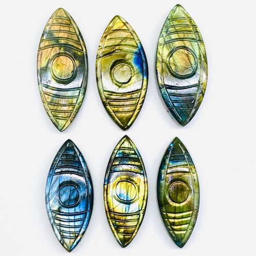 6 Pcs Natural Labradorite 43-49mm Marquise Carved Eye Flashy Losse Gemstones - Picture 5 of 11
