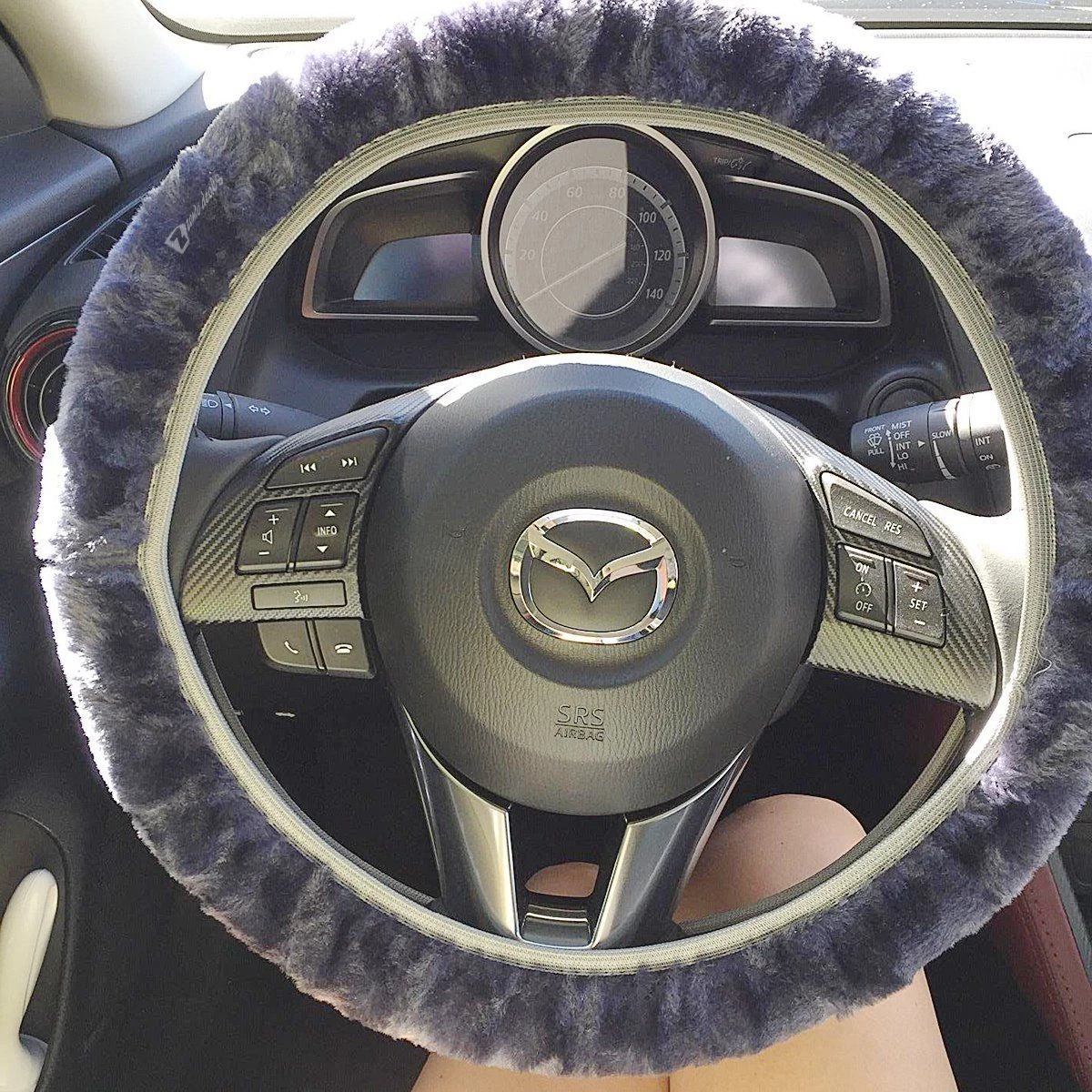 Grey & Black Plush Furry Steering Wheel Cover for 14 to 15