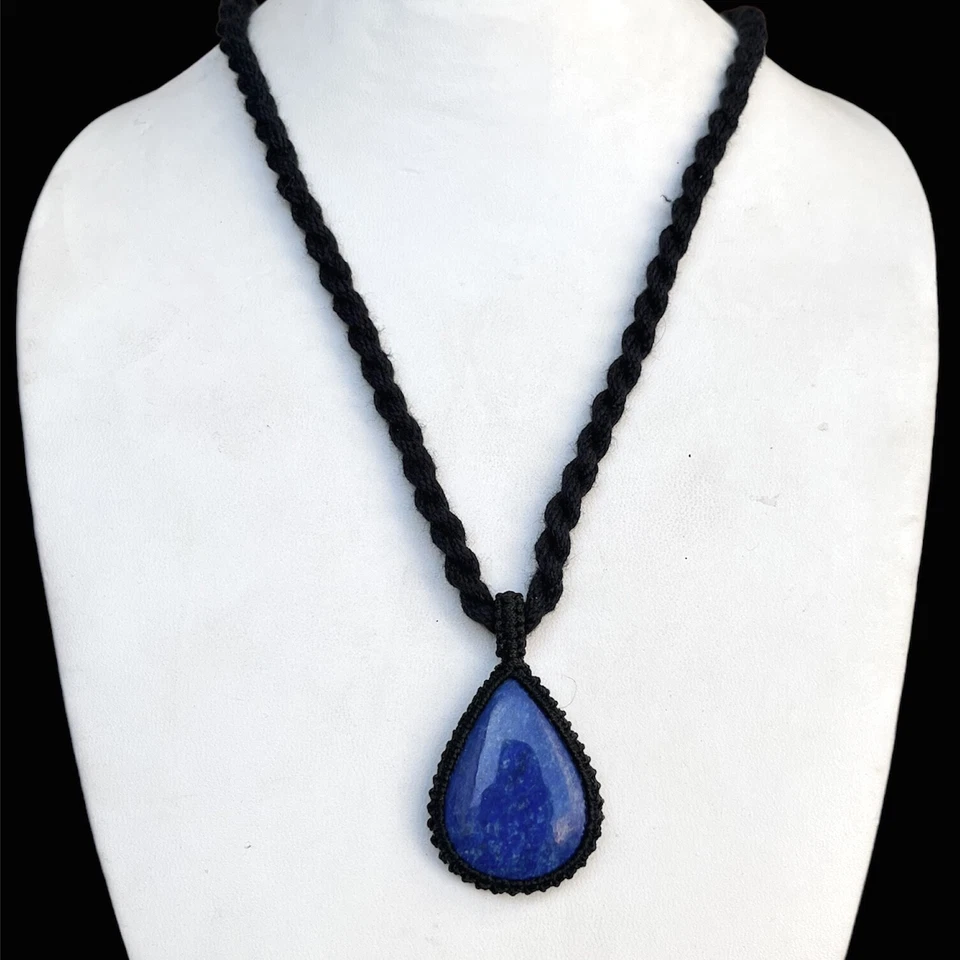 Lapis Lazuli Thread Necklace Macrame Pendant Teardrop Lapis Gemstone Necklace - Image 2 of 2
