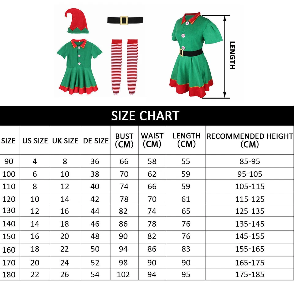 Christmas Elf Costume Adult Kids Family Fancy Dress Santa Helper Cosplay Outfits - Image 2 of 4