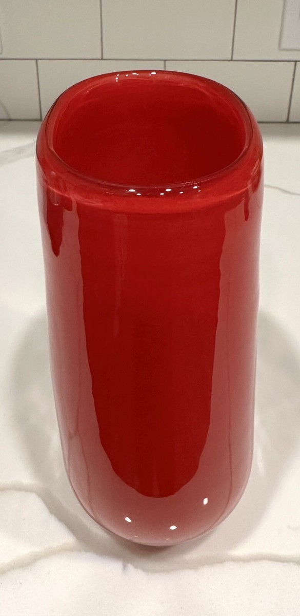 Signed Henry Dean Red Orange Heavy Glass 7 1/2” Vase Sleek