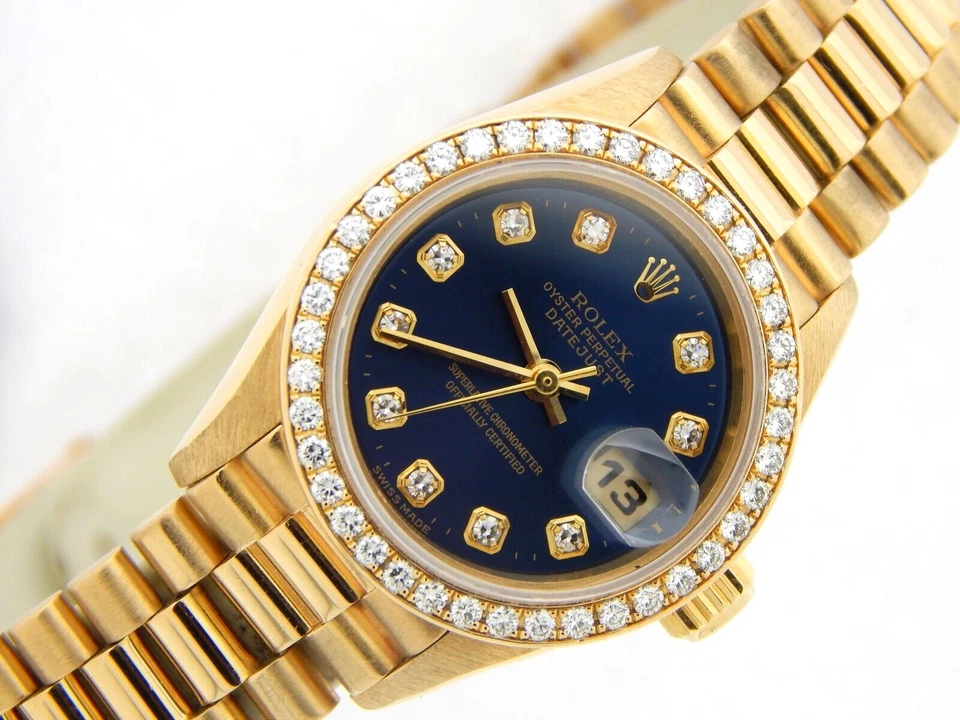 Reloj Rolex Datejust President 69178 para dama de oro amarillo de 18 quilates esfera y bisel de diamantes