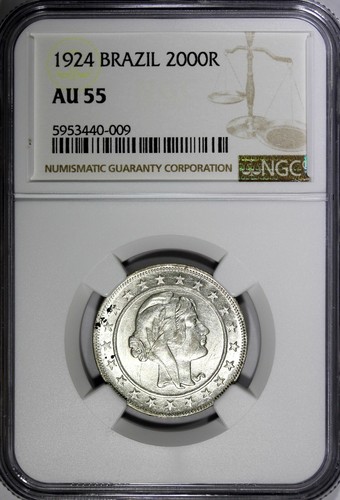 Brazil Silver 1924 2000 Reis NGC AU55 1st Date Type KM# 526 (009) - Picture 2 of 4