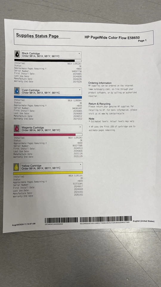 ✅Juego completo K/C/M/Y✅90%-100%✅HP OEM 981X TINTAS HI-YLD LOR09A/LOR10A/LOR11A/LOR12A Foto 4 de 4