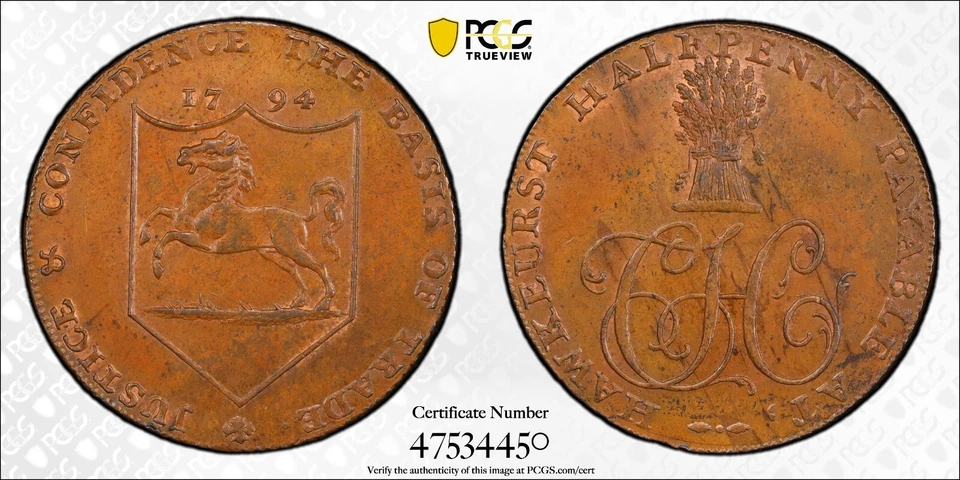 1794 Great Britain Kent, Hawkeurst Conder 1/2 Penny - PCGS MS63 BN - Choice Unc. - Image 3 of 4