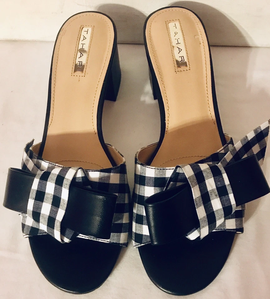 TAHARI Danbury Womens Open Toe Mules Slide Sandals Black Plaid Checked US Sz 8.5 - Image 4 of 4