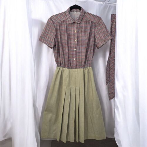 Vintage Plaid Pleated Shirt Dress Cottage Core Prairie Style Size 14 Brown 1950s