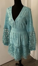 Boston Proper Mixed Media turquoise floral Crochet Lace Short Dress Boho Size M
