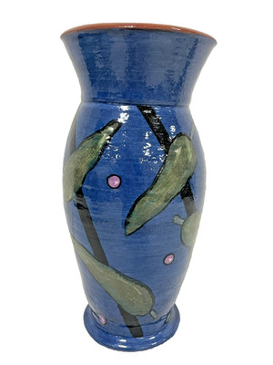 Handmade Studio Pottery Vase Signed Lefevre Blue Jalapeno Peppers 10.5''