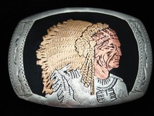 PK01164 VINTAGE 1970s INDIAN CHIEF W/ HEADDRESS ENGRAVED ART BELT BUCKLE