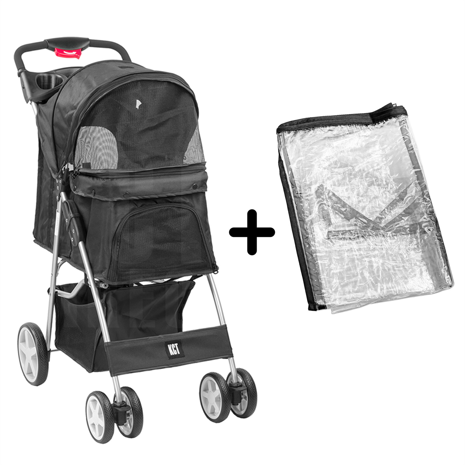 KCT BLACK PET STROLLER WITH RAIN COVER FOR SMALL MEDIUM DOG CAT BUGGY PRAM DOGGY