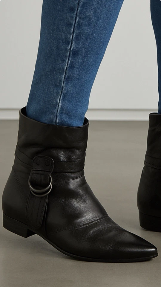 $200 Bx Bronx Mujer 7 M Negro Tobillo Puño Arnés Tacón Bajo Cuero Cremallera Punta BOTAS Foto 2 de 4