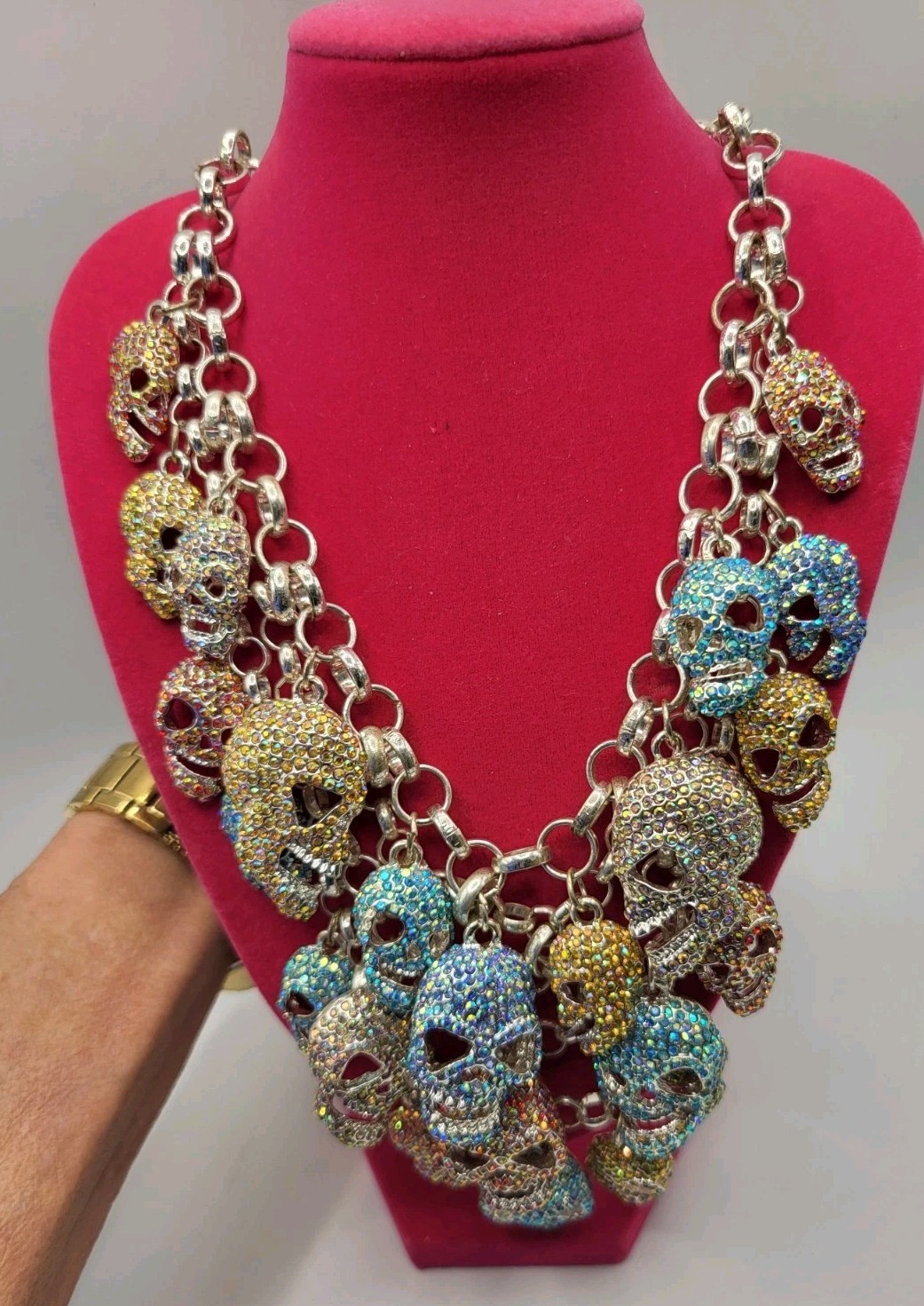 Multicolored Crystal Multi Skull Dangling Charm N… - image 5
