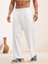 Pantalones de lino de ajuste de playa casual, básicos, tejidos para hombre