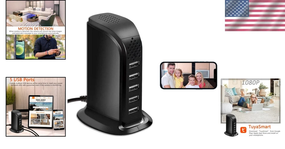 HD 1080P Wireless USB Charger Camera with Motion Detection & 5-Port Design - Image 2 of 4